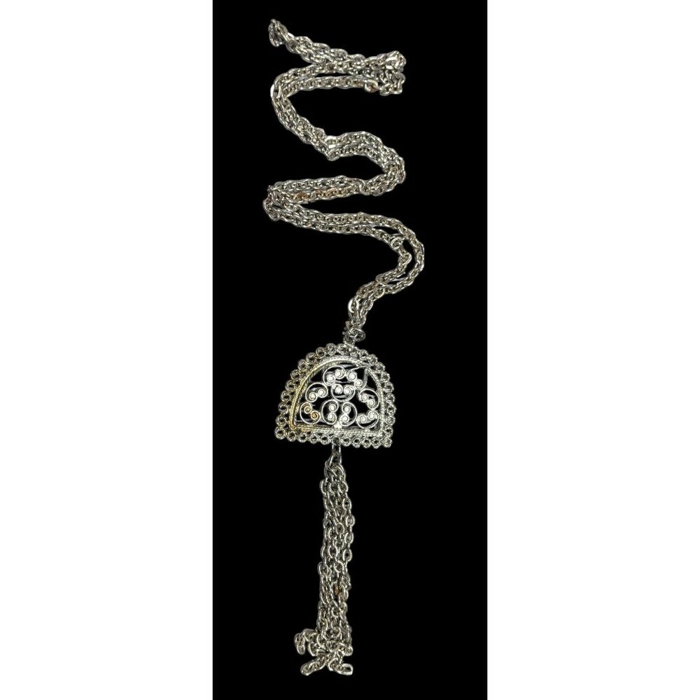 Vintage Etruscan Style Filigree Pendant And Tassel Necklace
